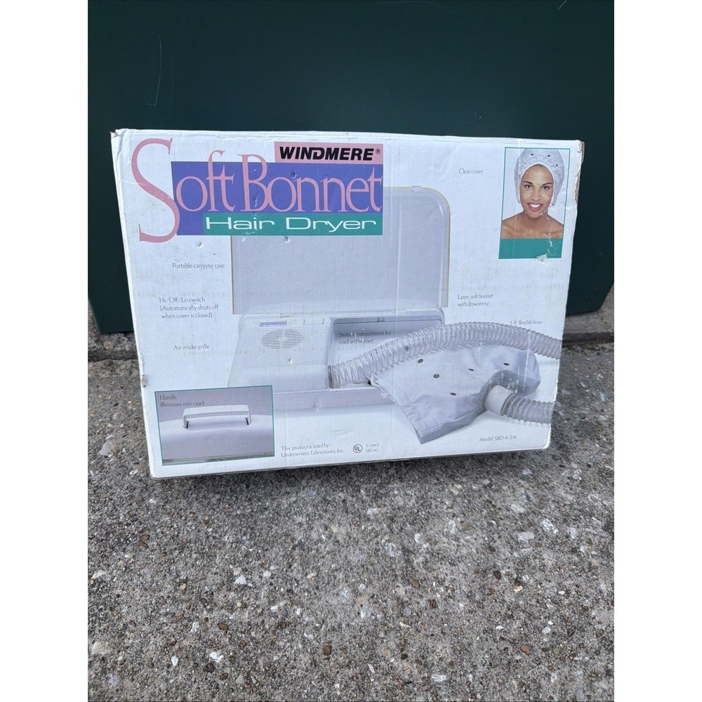 Vtg Windmere Soft Bonnet Hair Dryer 2 Speed 2 Heat Gentle Drying w Case & Box